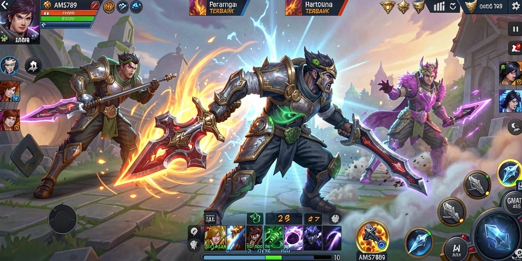 Tangkapan layar gameplay AMS789 yang menunjukkan pertarungan epik dalam arena.