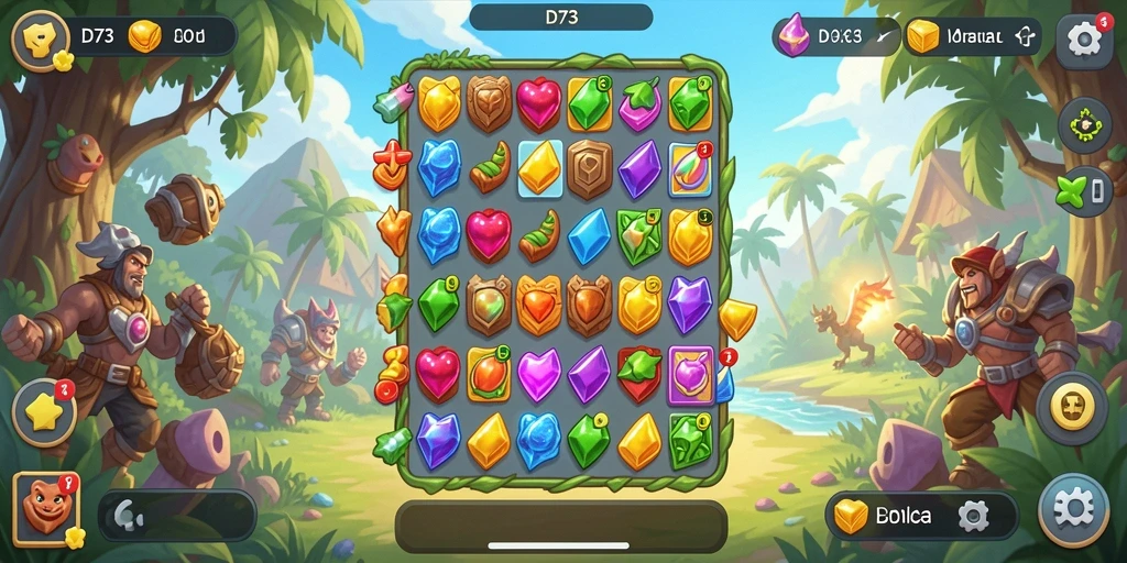 Screenshot D73 menampilkan gameplay seru Match-3 dengan grafis berwarna-warni.