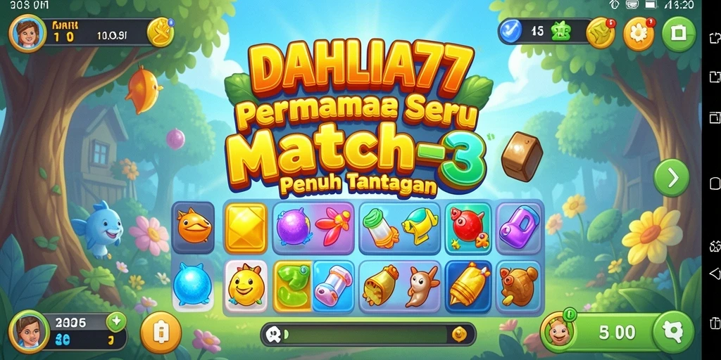 Screenshot utama DAHLIA77 menampilkan gameplay seru Match-3 yang penuh warna.