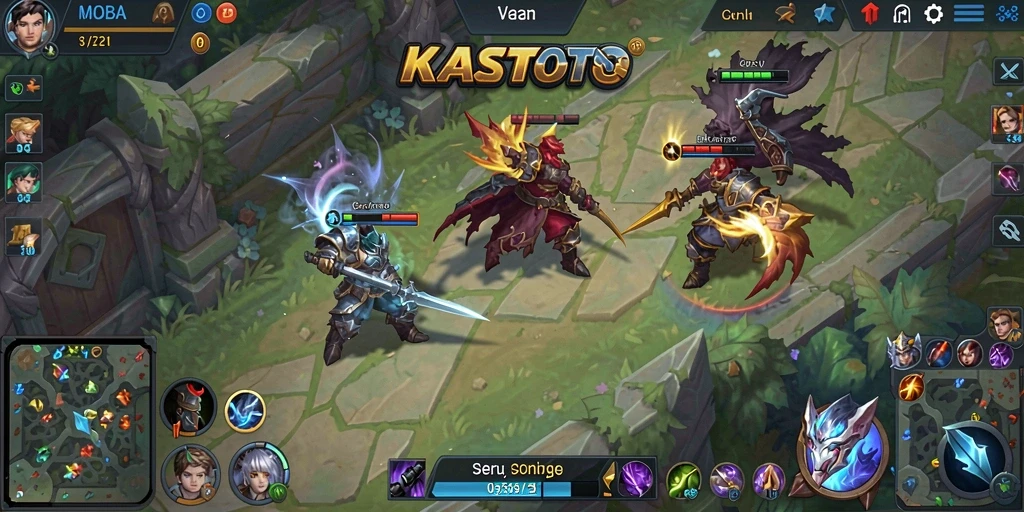 Tangkapan layar utama KASTOTO memperlihatkan aksi pertarungan seru dalam game MOBA.