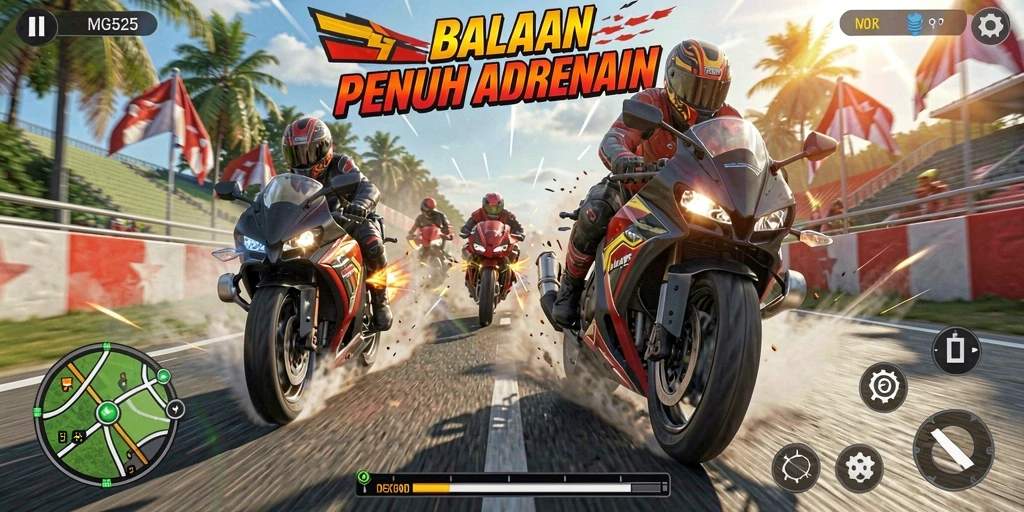 Gameplay seru MG525 dengan balapan motor yang mendebarkan.