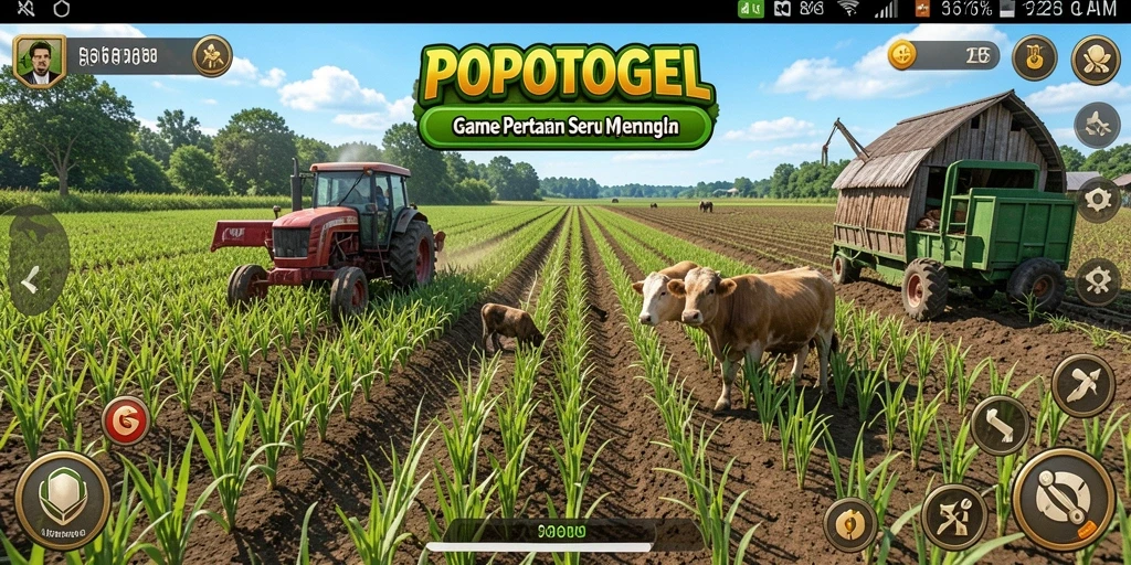 Tangkapan layar gameplay <strong>POPOTOGEL</strong> dengan suasana pertanian yang ceria dan penuh warna.