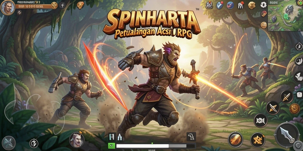 Screenshot SPINHARTA menampilkan aksi seru dalam pertempuran karakter.